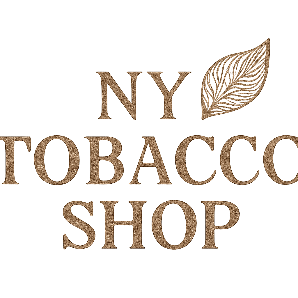 NY Tobacco Shop logo with a classic wordmark and a tobacco leaf accent