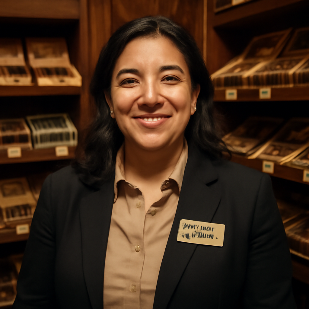 Portrait of Maria Lopez, store manager, with a friendly smile and gold name tag, standing in front of cigar shelves.