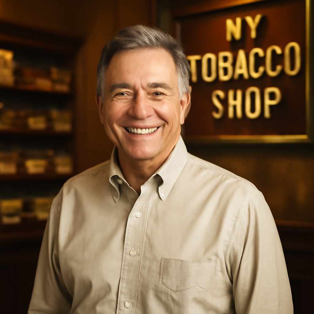 Portrait of John Romano, owner of NY Tobacco Shop, smiling and wearing a classic button-down shirt in a warmly lit shop.