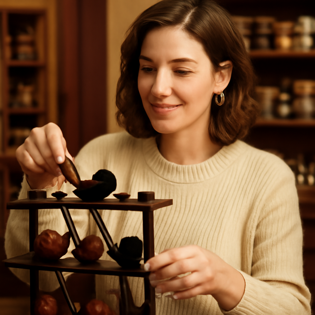 Portrait of Sarah Thompson, accessories specialist, wearing a cream sweater and gold earrings, arranging pipe displays.