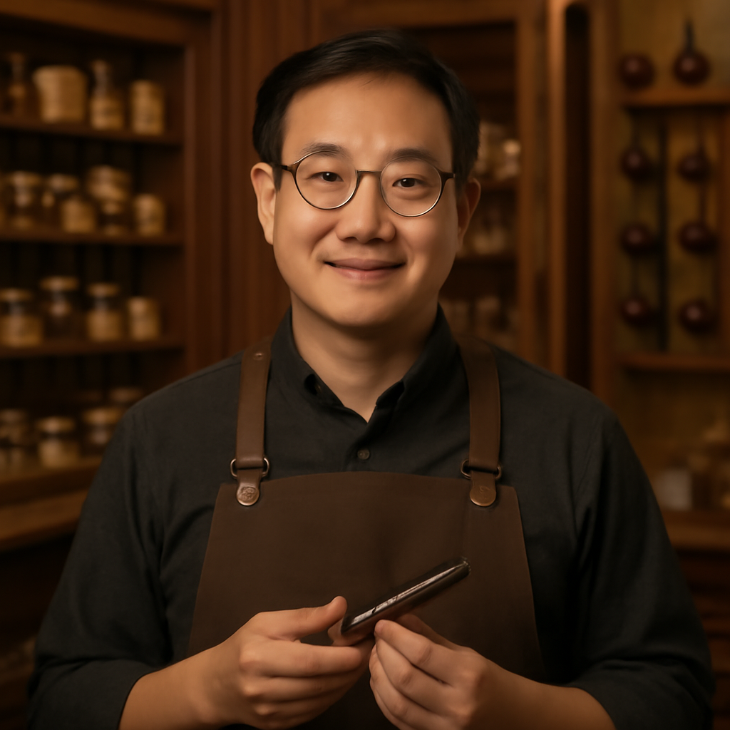 Portrait of Eric Kim, tobacco specialist, wearing a dark brown apron and holding a pipe accessory.