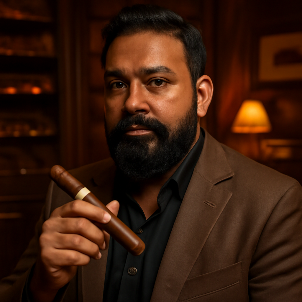 Portrait of Mike Patel, cigar expert, with a well-groomed beard and blazer, holding a premium cigar.
