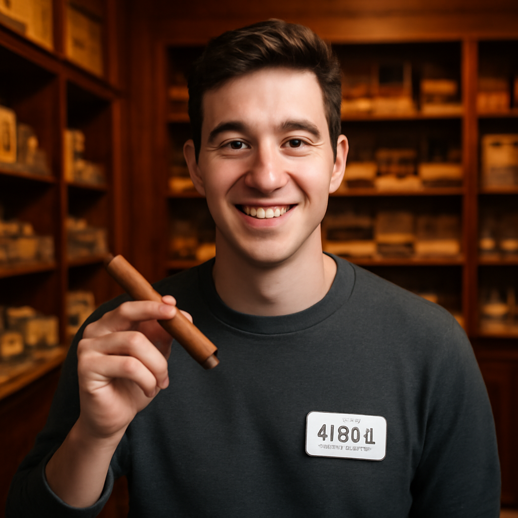Alex P. smiling, holding a cigar