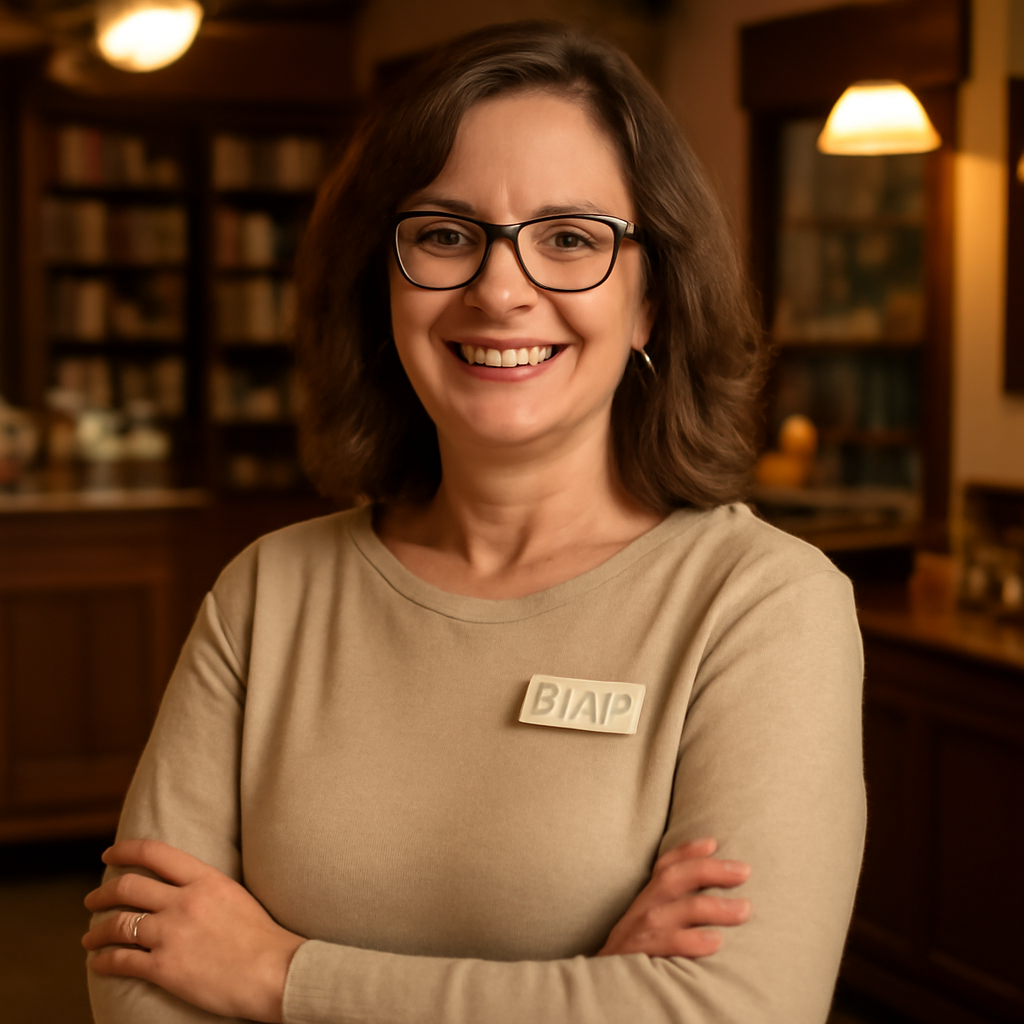 Linda T. with glasses, smiling