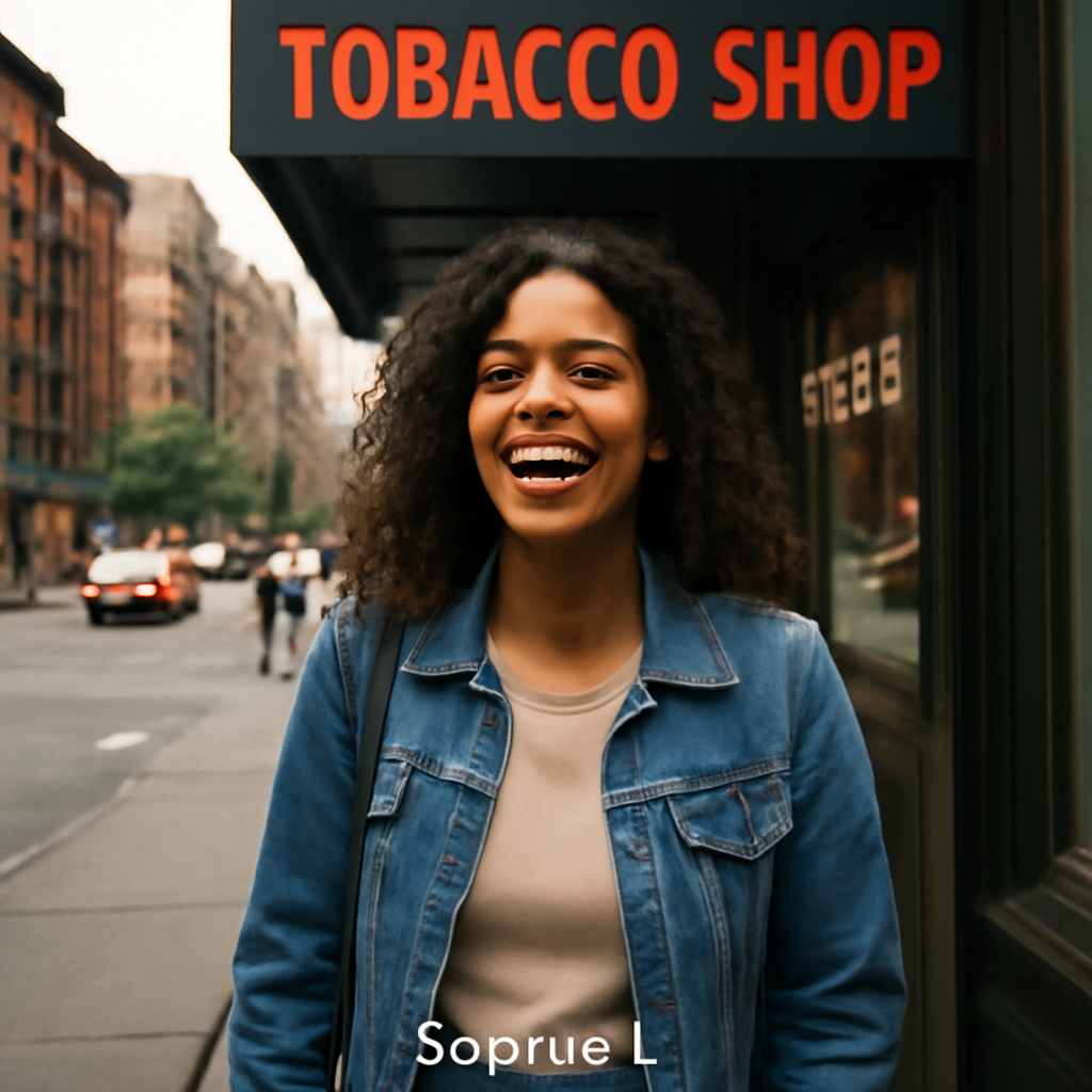 Sophia L. outside the shop, laughing