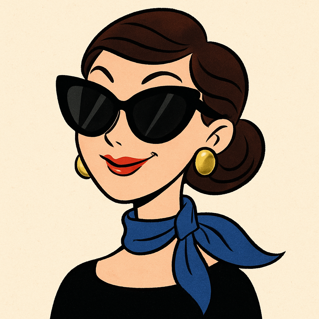 Chic woman in oversized sunglasses, gold earrings, blue silk scarf
