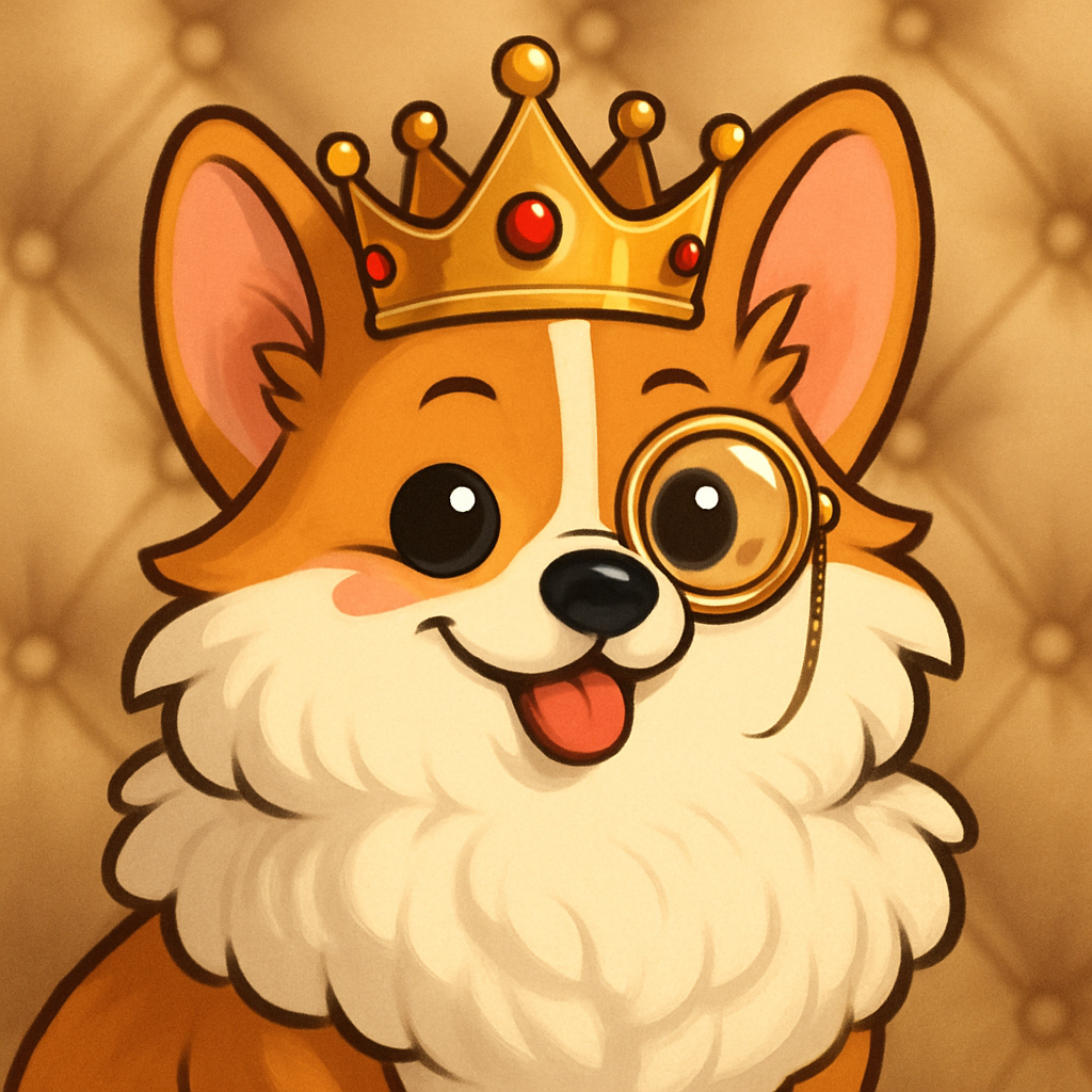 Crowned corgi avatar, gold rimmed monocle, fluffy white fur, plush background