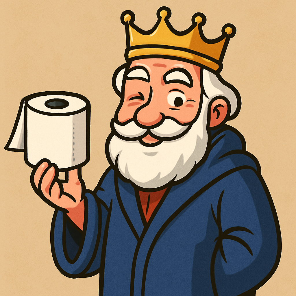 Distinguished older gentleman, gold crown, navy robe, winking, holding roll of toilet paper