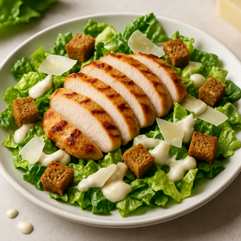High-quality chicken Caesar salad with grilled chicken breast sliced over crisp romaine lettuce, parmesan cheese, whole grain croutons, and a drizzle of creamy Caesar dressing on a white plate