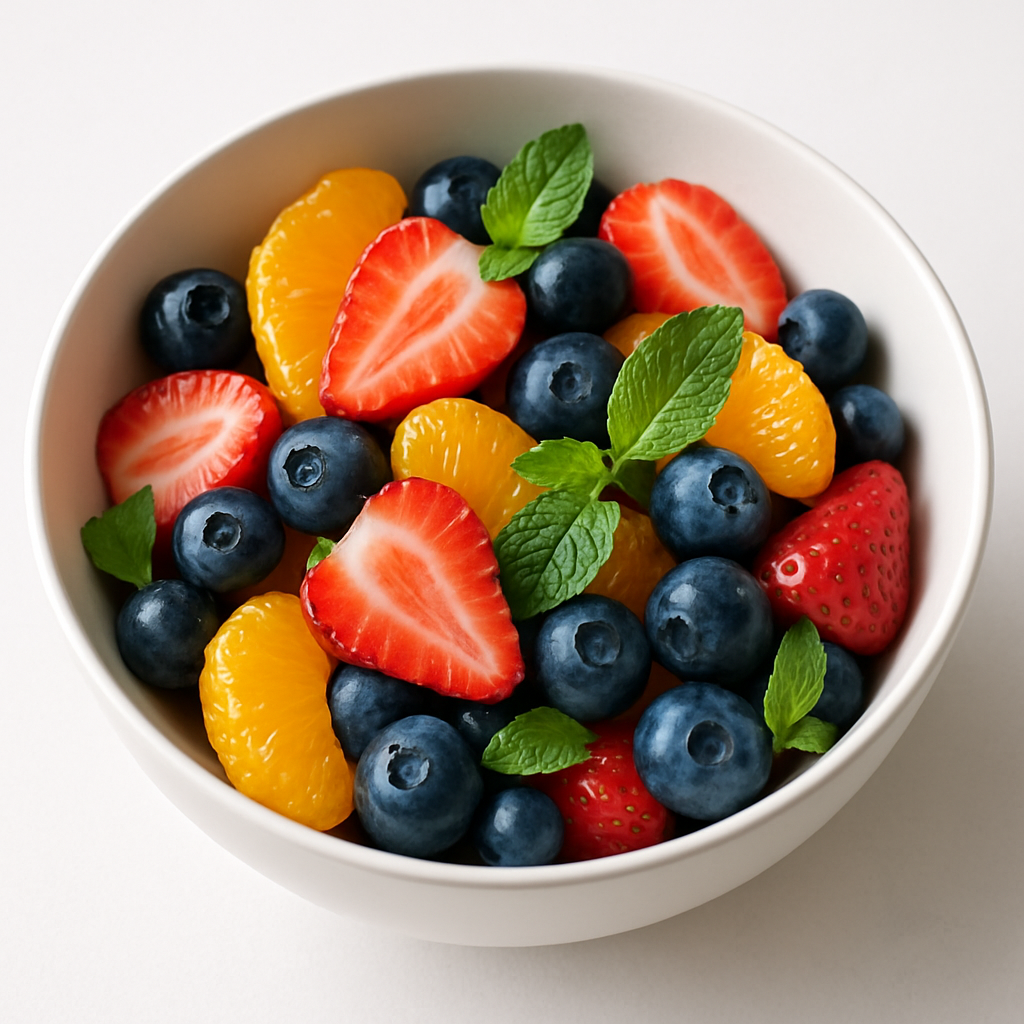 Mixed fruit salad with oranges, strawberries, blueberries, and mint