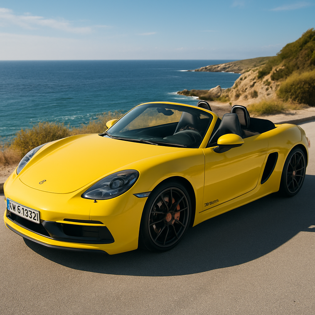 Porsche 718 Boxster GTS 4.0 in vibrant yellow, top-down, parked on scenic coastline