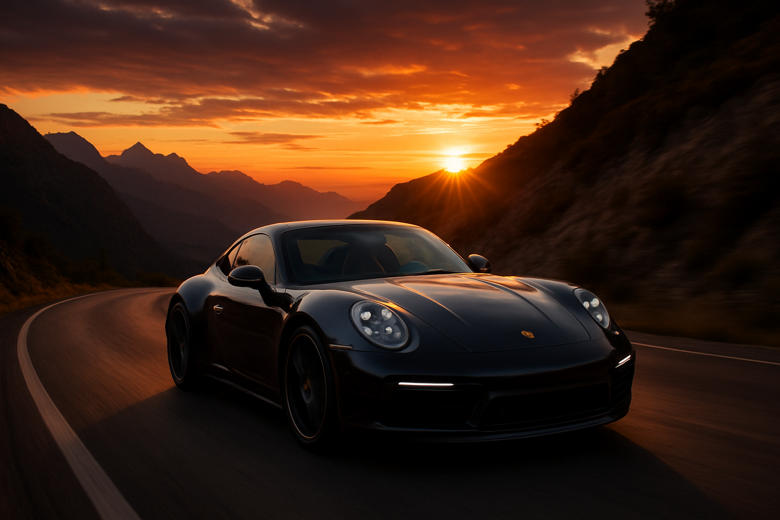 A high-end Porsche car in motion on a scenic road, dramatic lighting, premium feel
