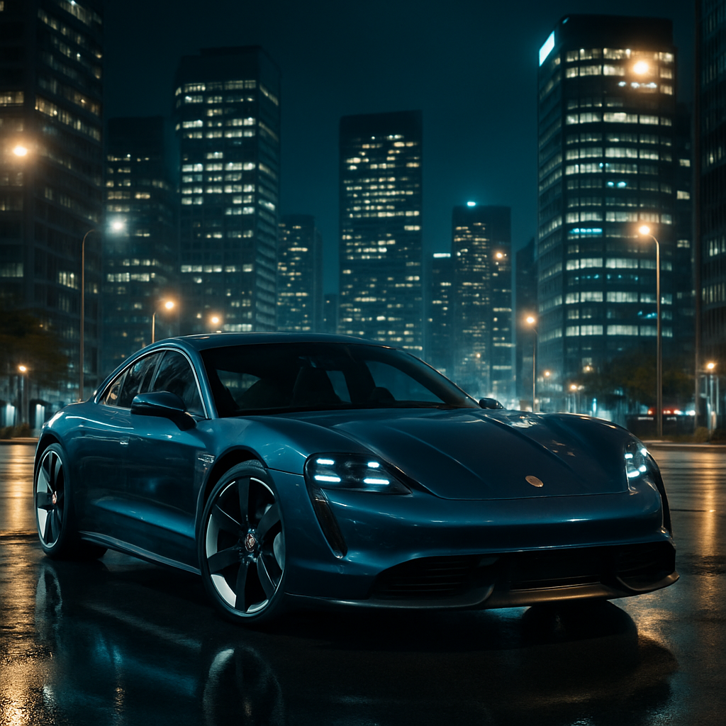 Porsche Taycan electric in a modern cityscape, reflecting luxury and innovation