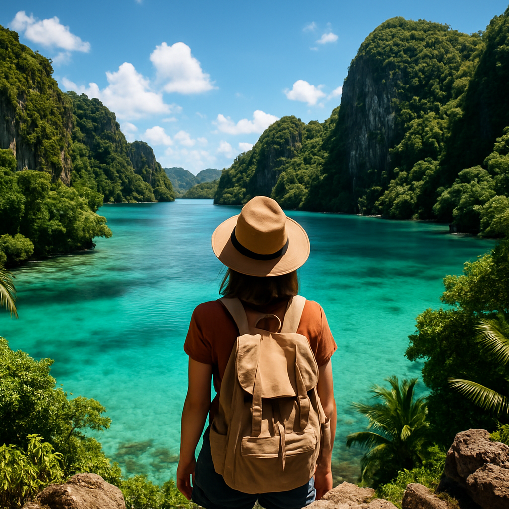 Stunning travel destination with turquoise water, tropical landscape, and a young traveler enjoying the view