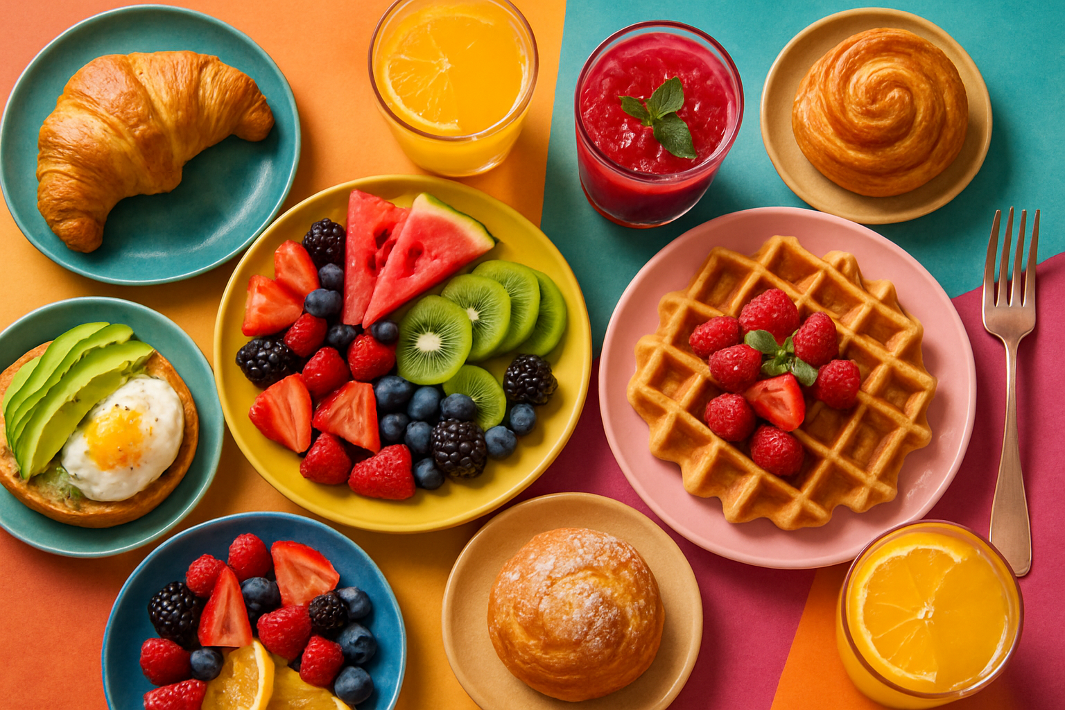 Delicious gourmet food, colorful brunch table