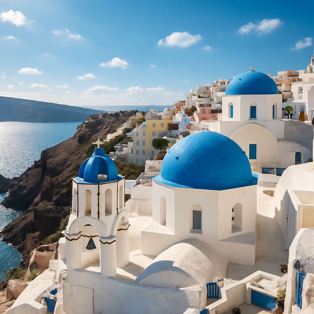Santorini white buildings with blue domes overlooking the sea