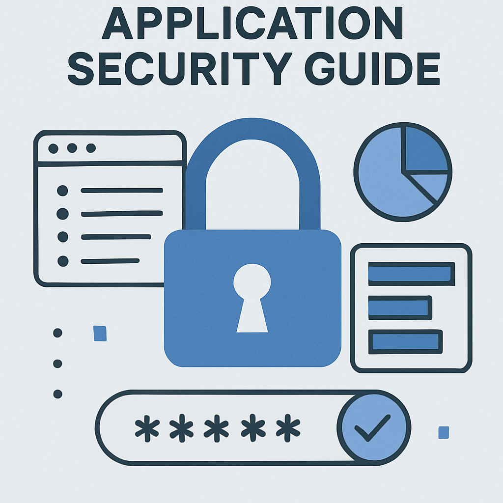 Minimal, tech-inspired application security guide graphic with lock and dashboard elements