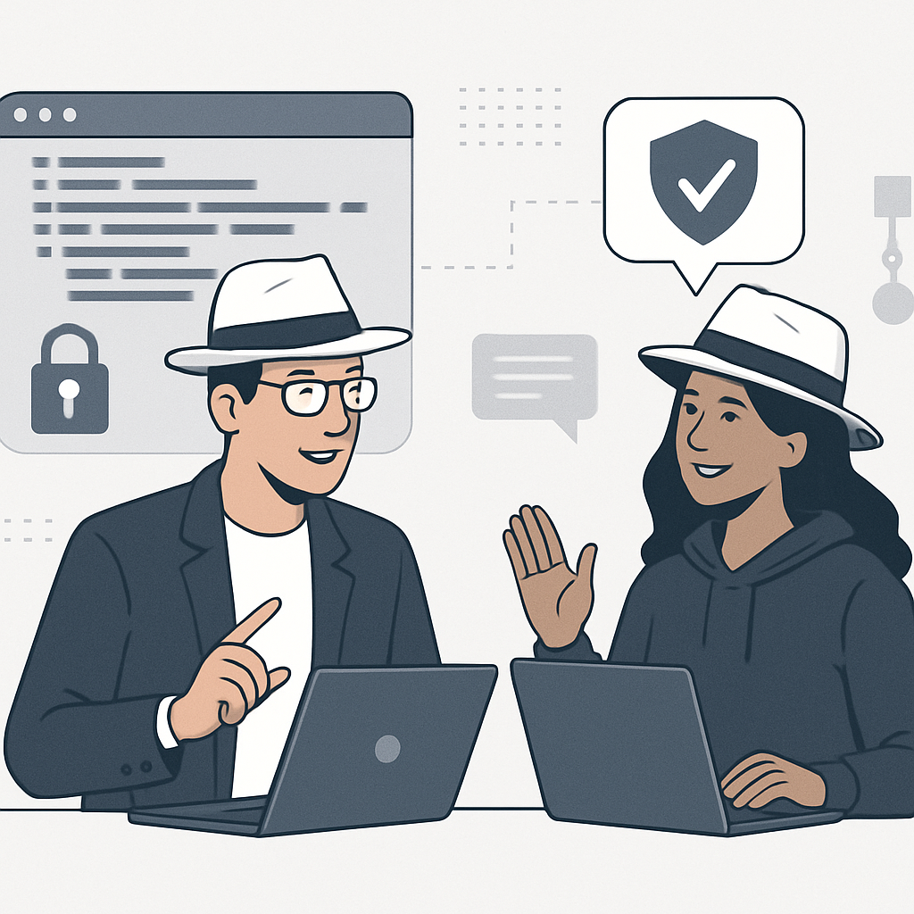 Professional illustration of ethical hackers (white-hat style) providing security feedback and advice, in a modern tech/cybersecurity setting with laptops and secure code diagrams
