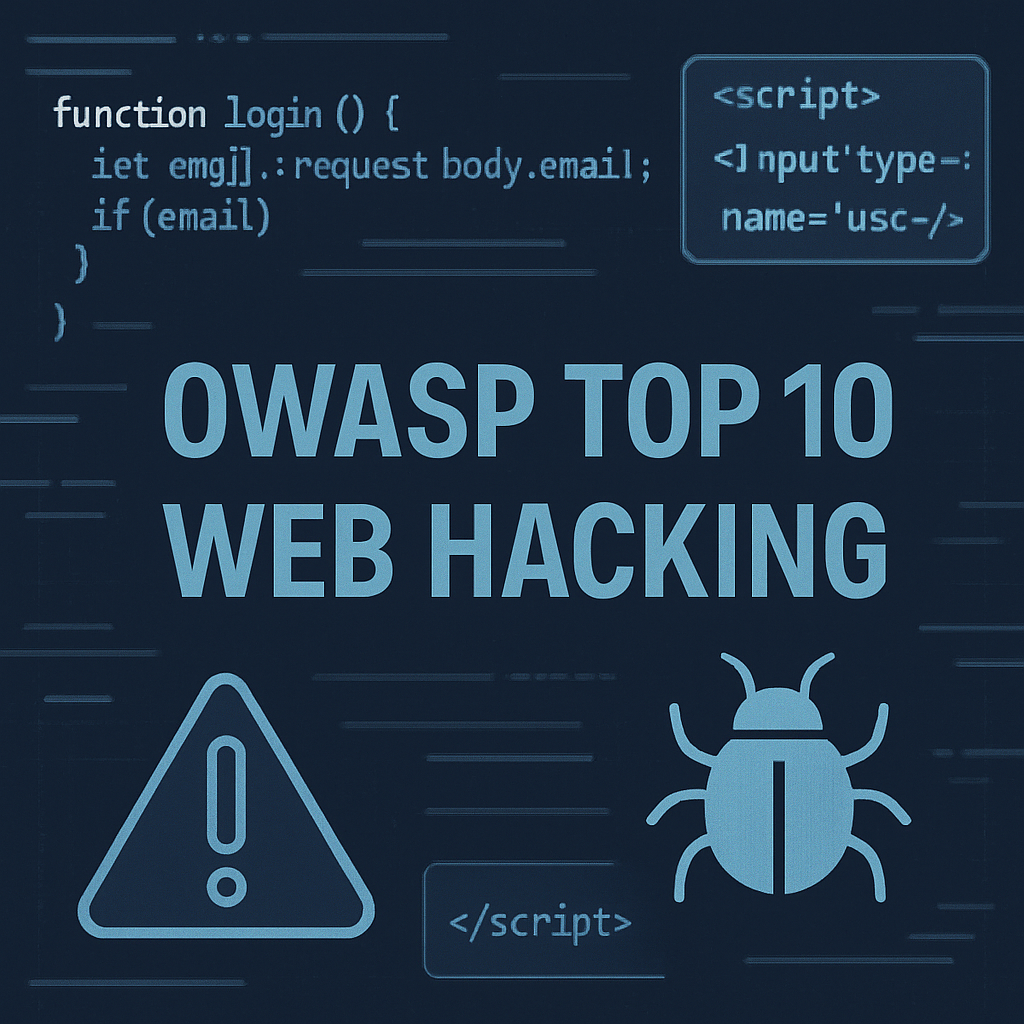 Modern OWASP Top 10 and web hacking themed graphic with code, bug, and warning icon overlays