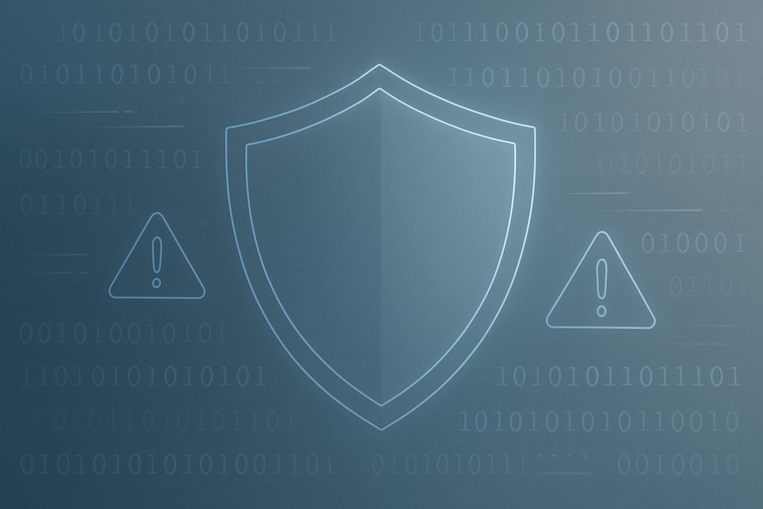Abstract illustration of a digital shield with subtle binary code and digital warning signs, in a cool-toned, blue and gray palette representing cybersecurity and secure coding