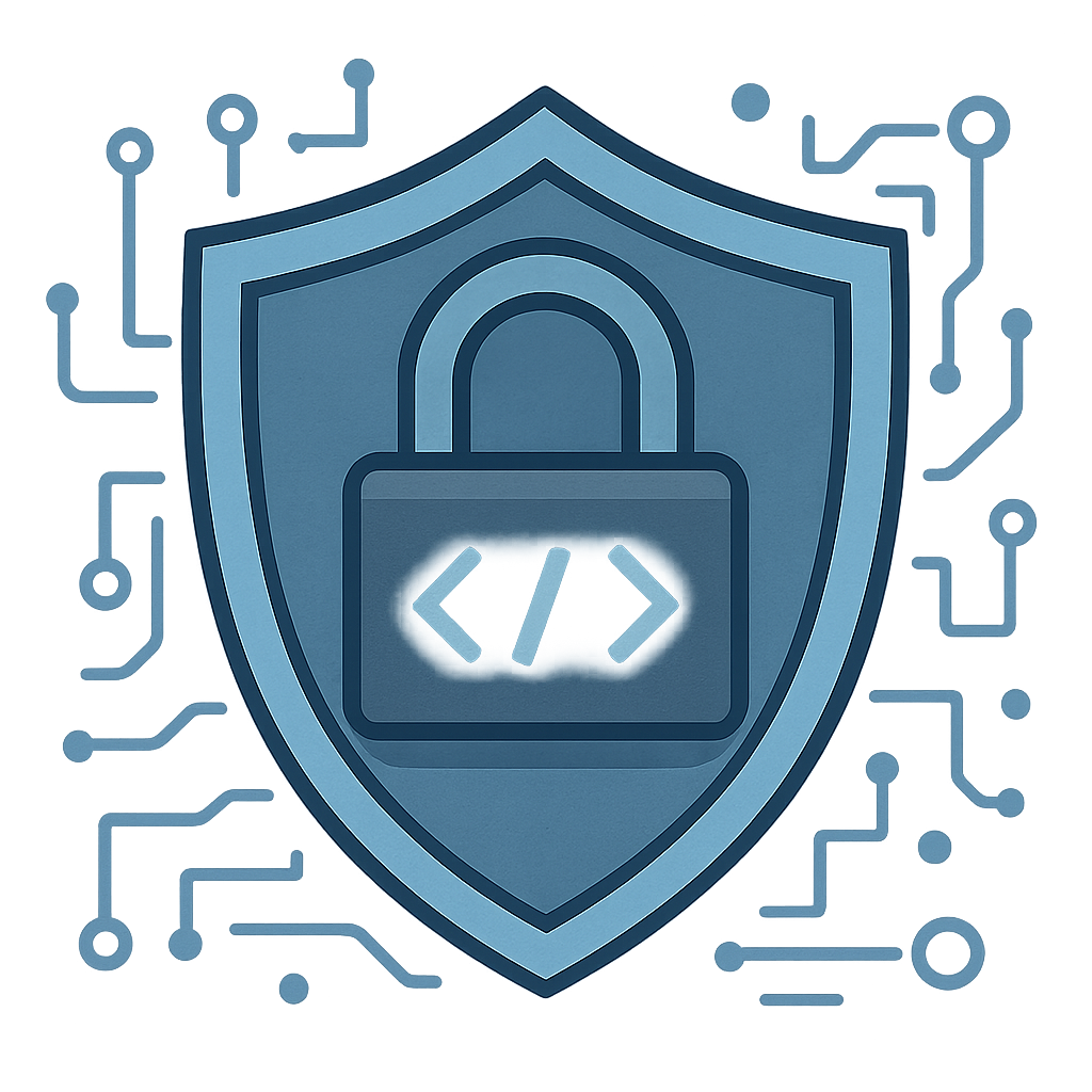 Stylized tech-inspired shield and code lock graphic for secure coding