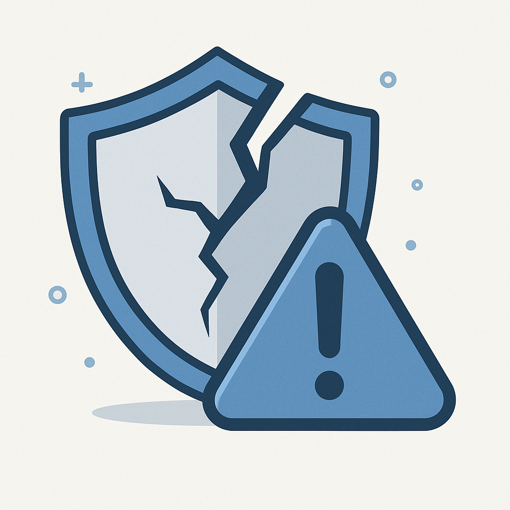 Modern illustration of a broken shield and warning sign representing vulnerabilities