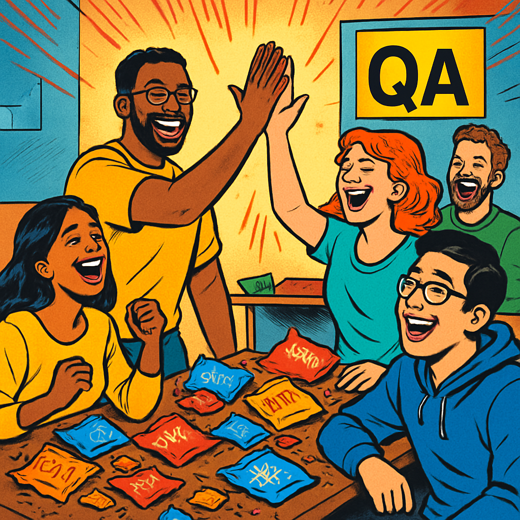 QA team surrounded by empty snack bags, everyone laughing and high-fiving