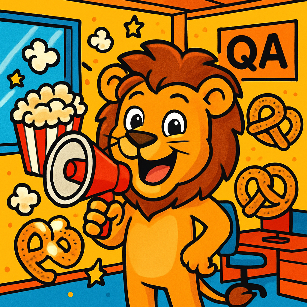 Cartoon lion with a megaphone and snacks