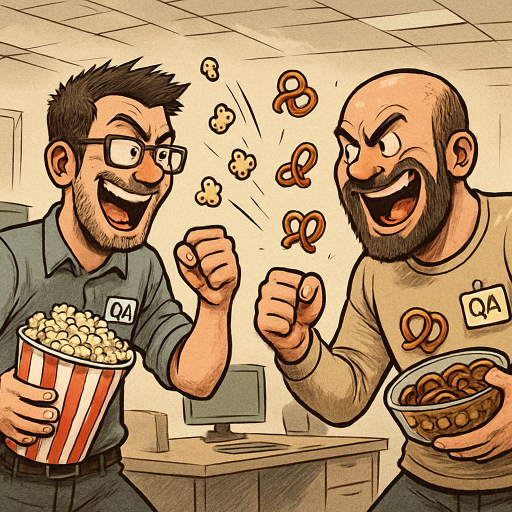 Team members in a playful snack standoff, one wielding popcorn, another with pretzels
