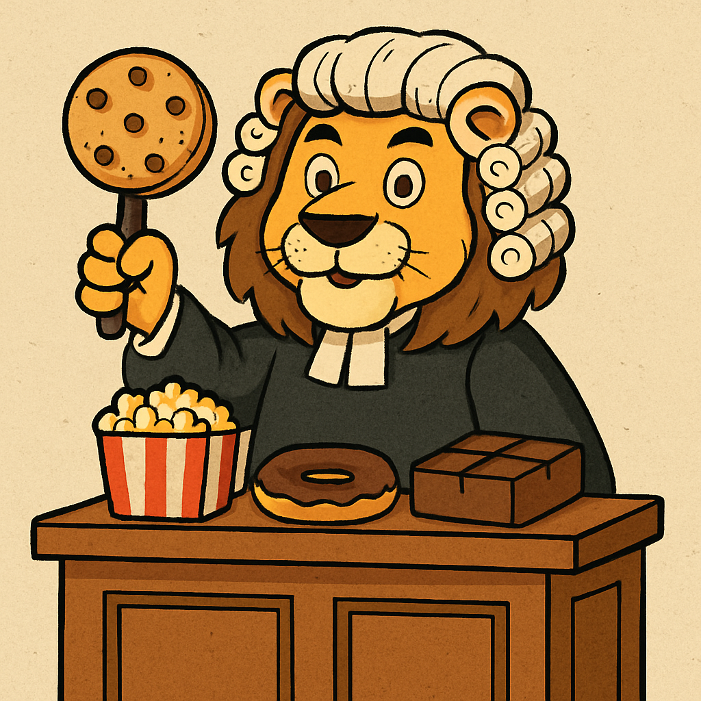 Cartoon lion in a judge's wig holding a giant cookie gavel