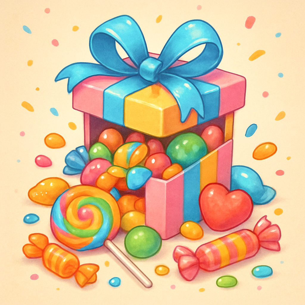 Brightly wrapped candy gift box with ribbon